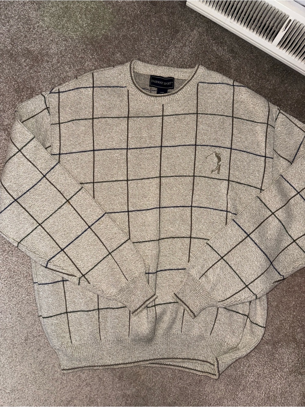 Fairway & Greene Cream Crewneck Sweater with Black Windowpane
